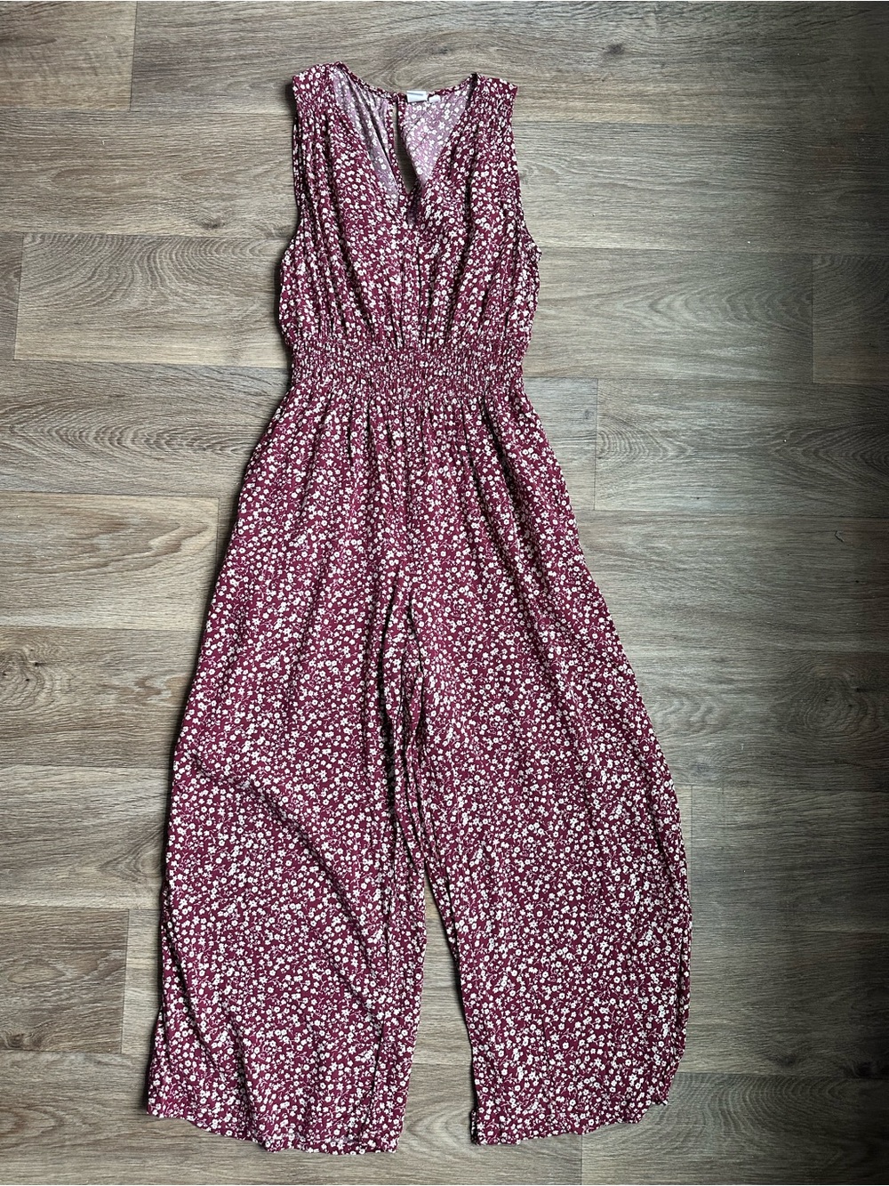 GAP Burgundy Floral Sleeveless Jumpsuit Women’s Size M Wide Leg Smocked Boho - Picture 4 of 9